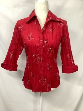 Fred David Red Floral Embroidered Button-Up Blouse Size S
